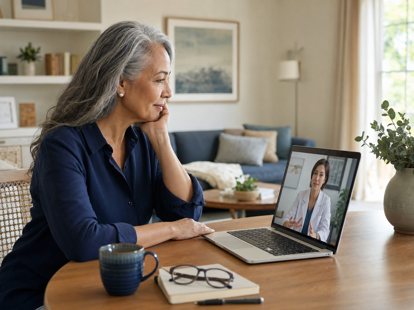 An adult speaking with a healthcare professional during a telehealth consultation