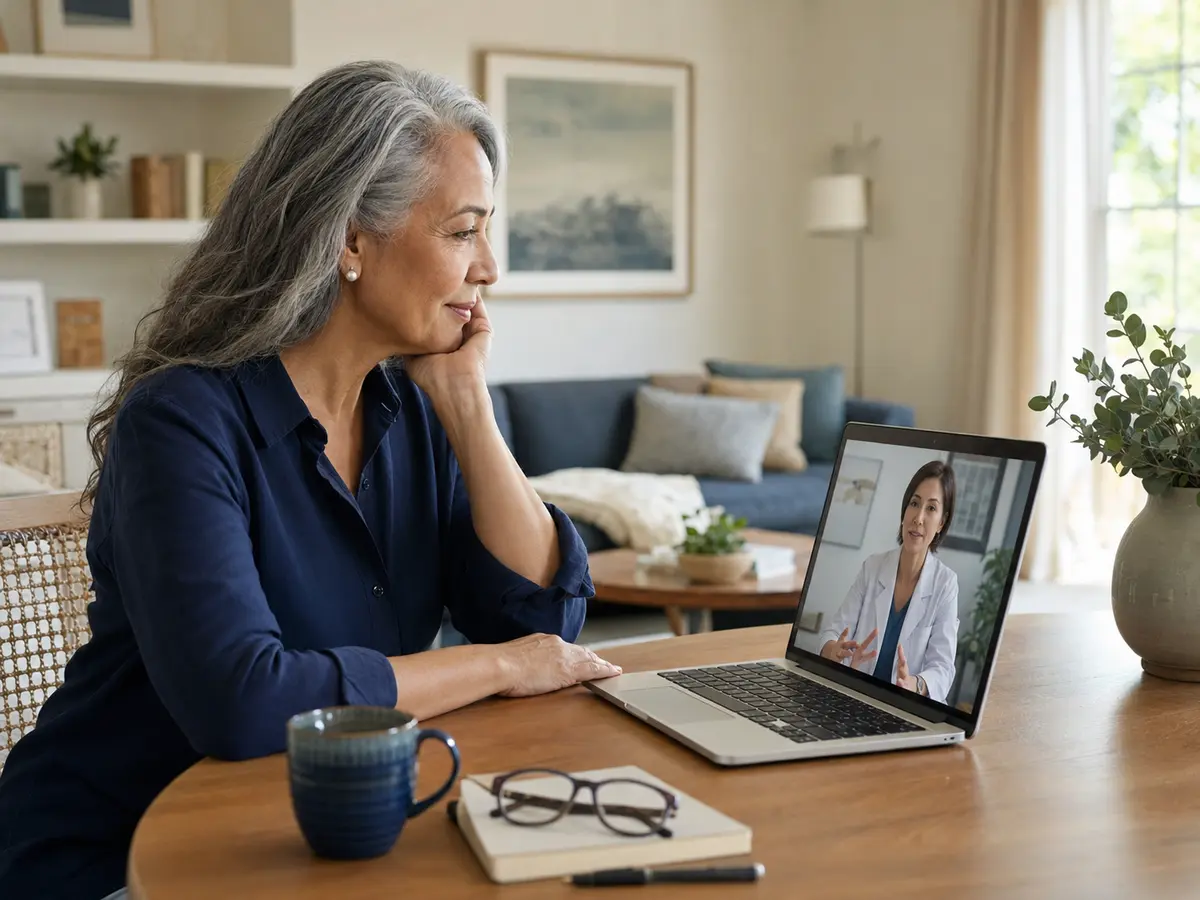 An adult speaking with a healthcare professional during a telehealth consultation